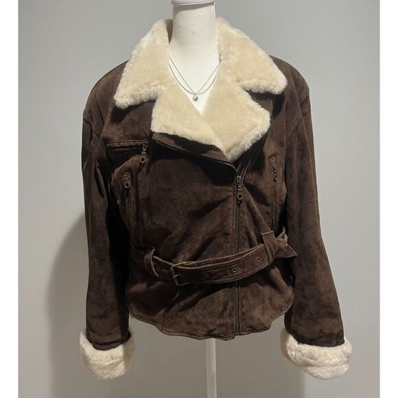 90s Adventure Bound Leather Shearling Sherpa Deep Pile Fur Bomber Jacket Women M - Picture 2 of 9